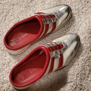 Cole Haan Red and Silver Mules Eye-Catching Design